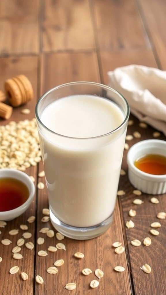 Homemade Chuck 70 Oat Milk Recipe A glass of homemade oat milk with rolled oats and maple syrup on a wooden table.